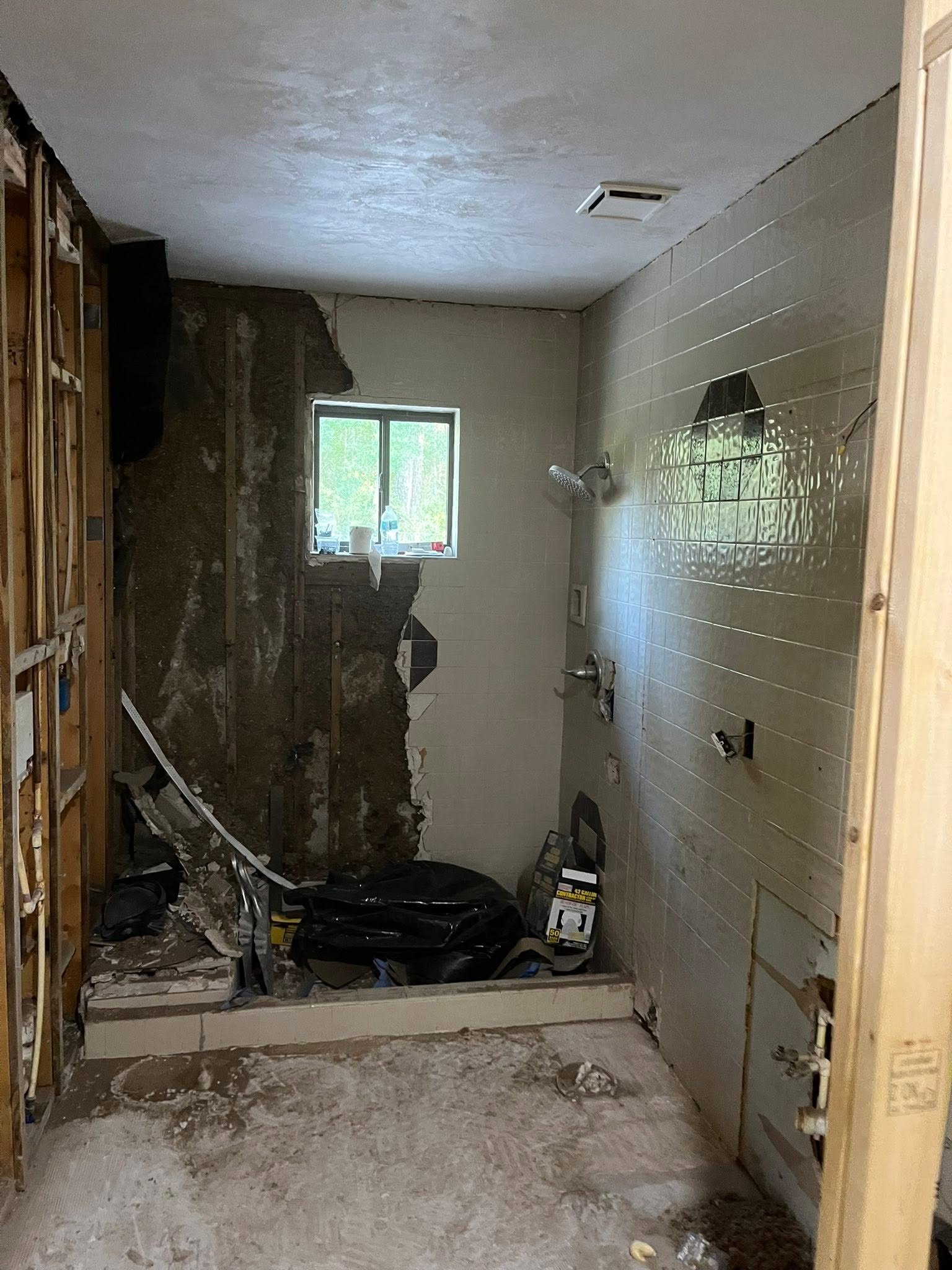 Bathroom mid-demolition with tile and drywall removed